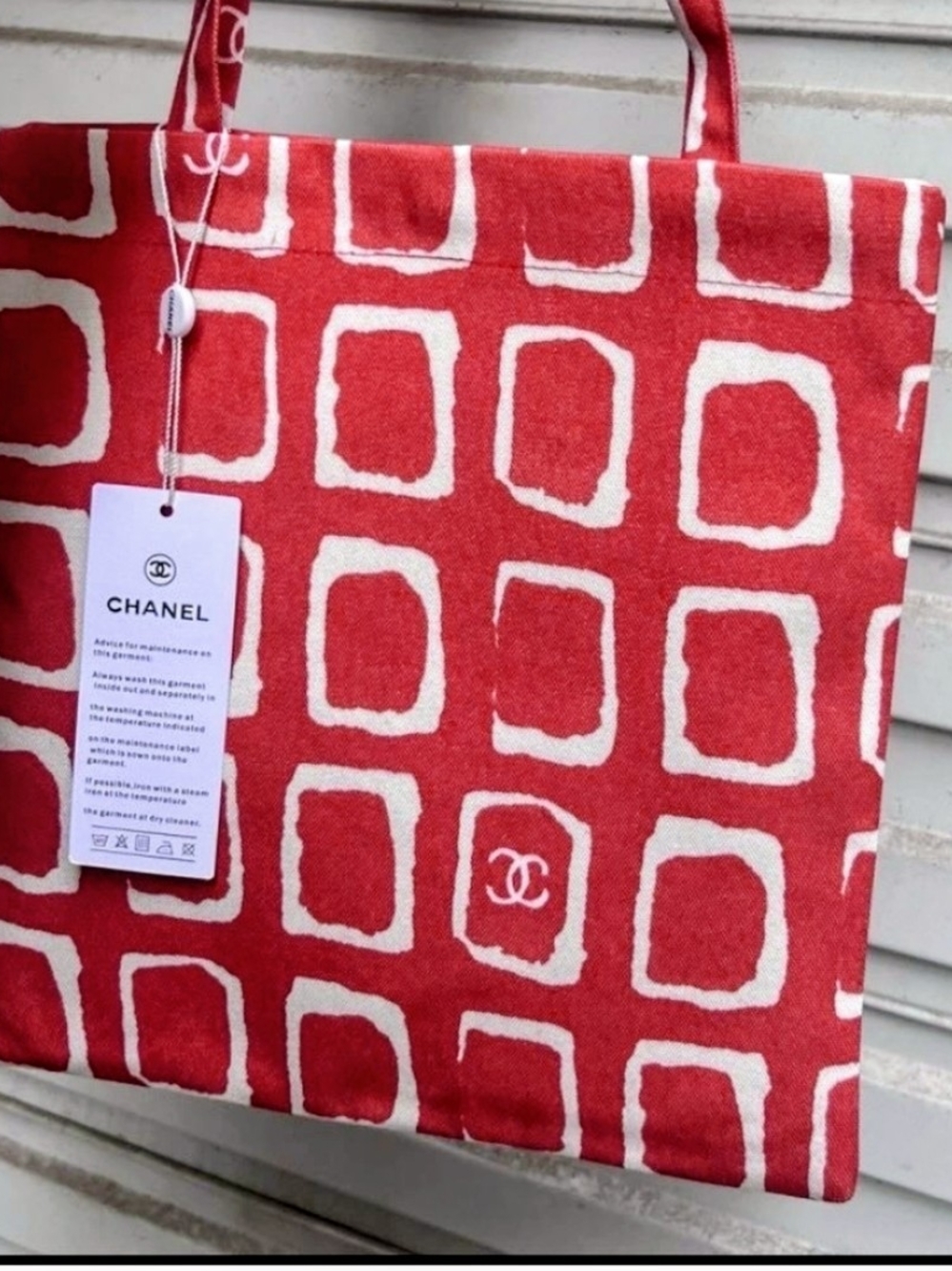 Chanel Beauty Red Canvas Tote with White Square Pattern NEW NWT